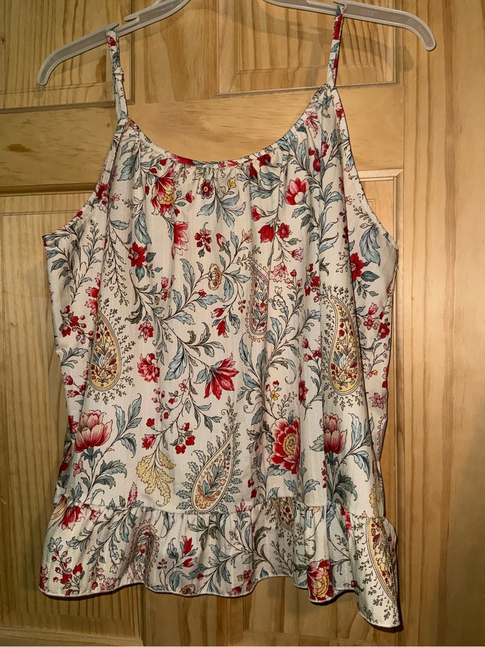 SHEIN Cream Floral Paisley Ruffle Cami with Red & Blue Accents